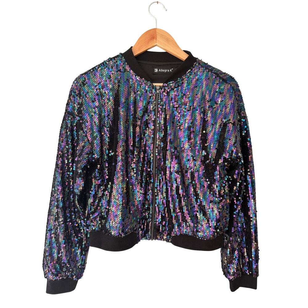 Allegra K Iridescent Sequin Bomber Jacket | Size Small